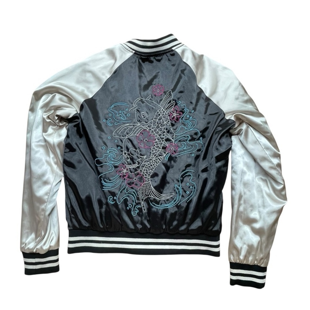 Hot Topic Embroidered Skull Satin Bomber Jacket - Black & Ivory - Picture 6 of 15